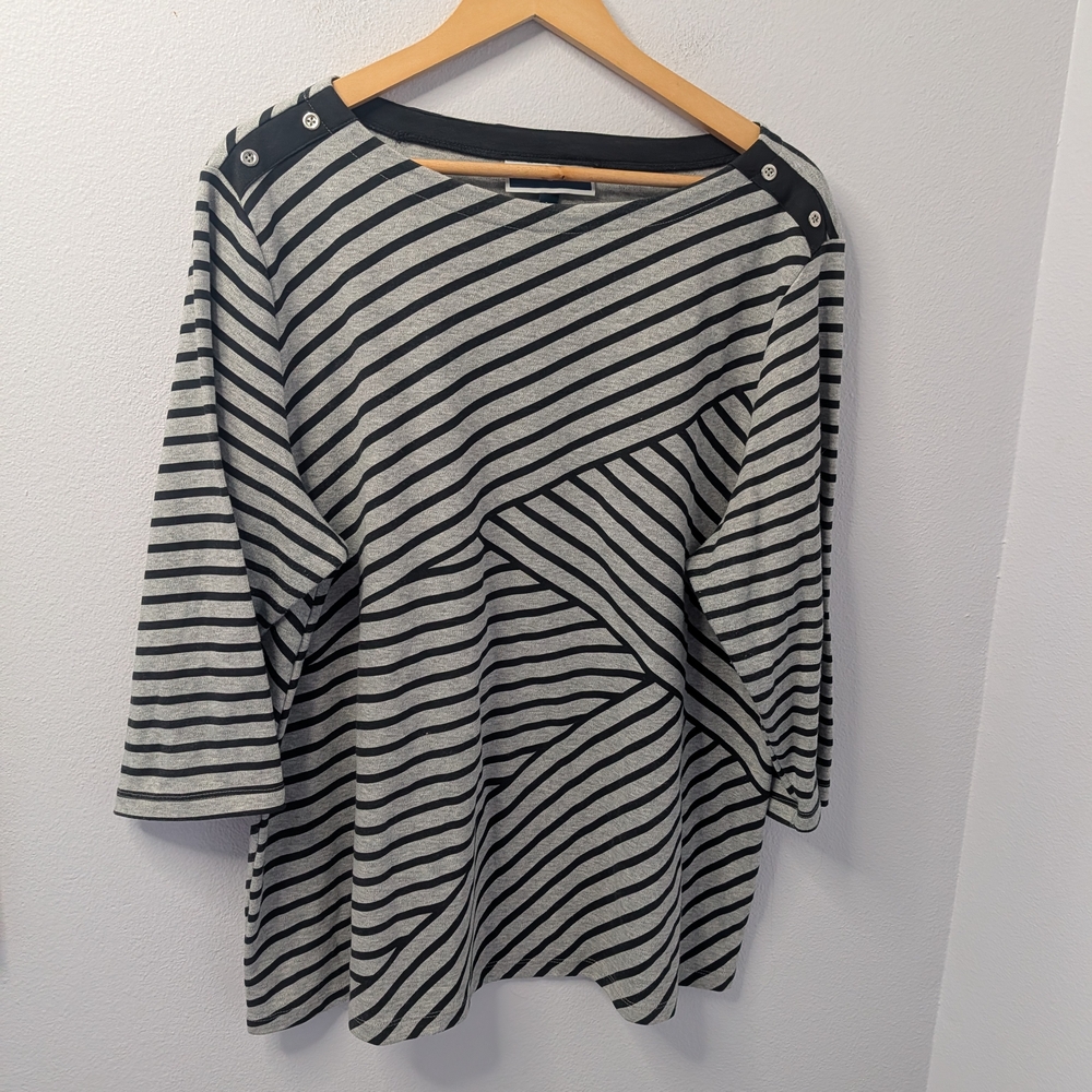 Karen Scott Striped Knit Top 2X Gray Black Boat Neck Button Shoulder